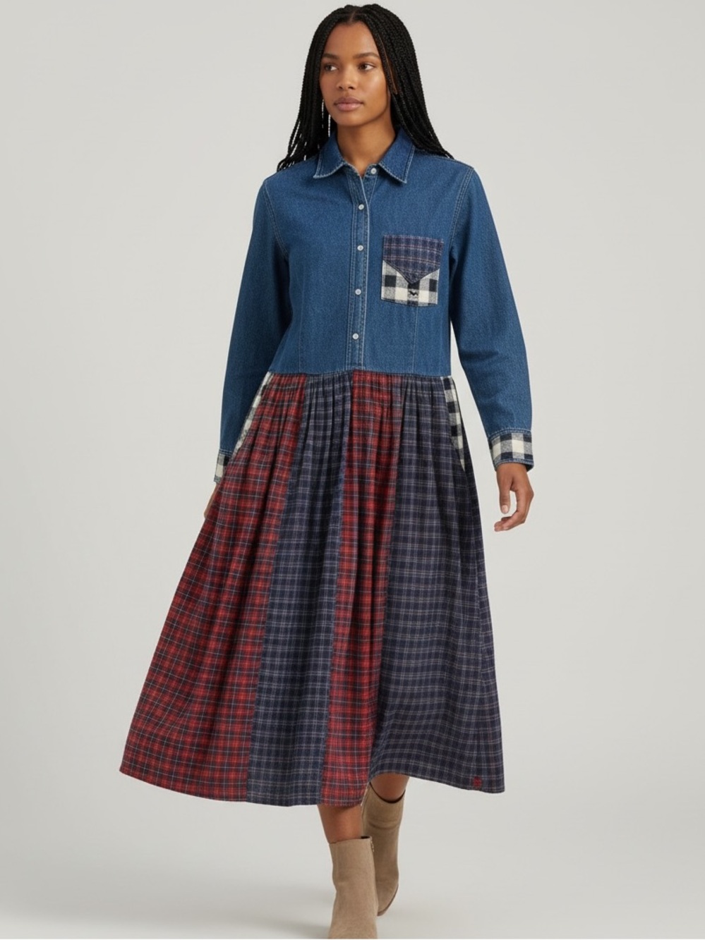 Homemade Denim Flannel Midi Shirt Dress Sz S Plaid Cabincore Prairie Americana